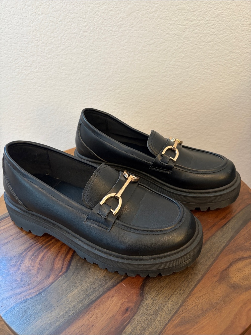Qupid Black Faux Leather Platform Loafers with Gold Horsebit Detail